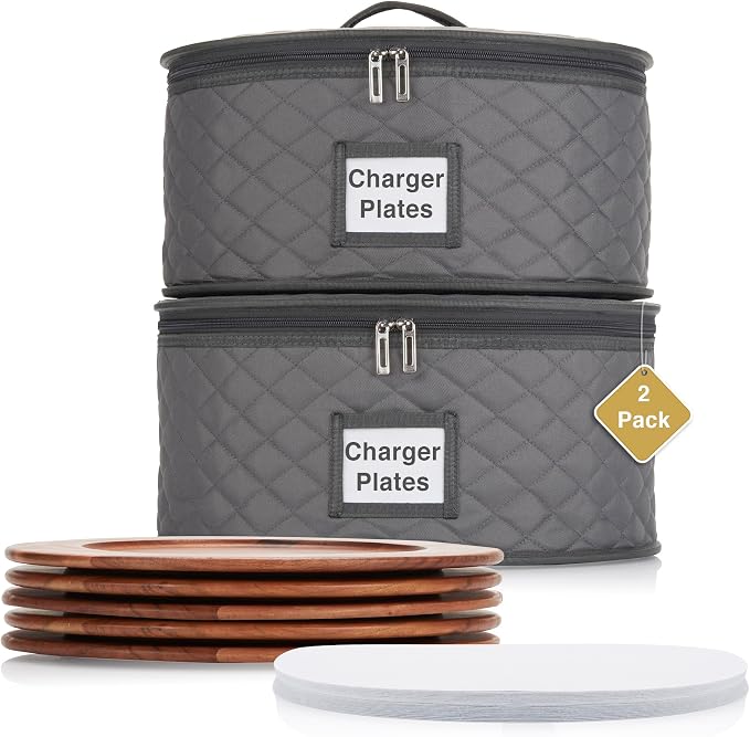 2 Pack China Storage Container for Big Dinner Plate - 13" W x 7" H - Includes 12 Felt Dividers. Stackable with Padded Interior - Great for Big Plates and Charger Plates