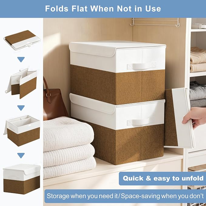 Large 17" 42 Quarts Collapsible Stackable Storage Bins with Lids [3-Pack] Foldable Fabric Linen Storage Boxes Cube, Closet Organizer Baskets with Label for Home (16.7 x 12 x 12", Brown & White)