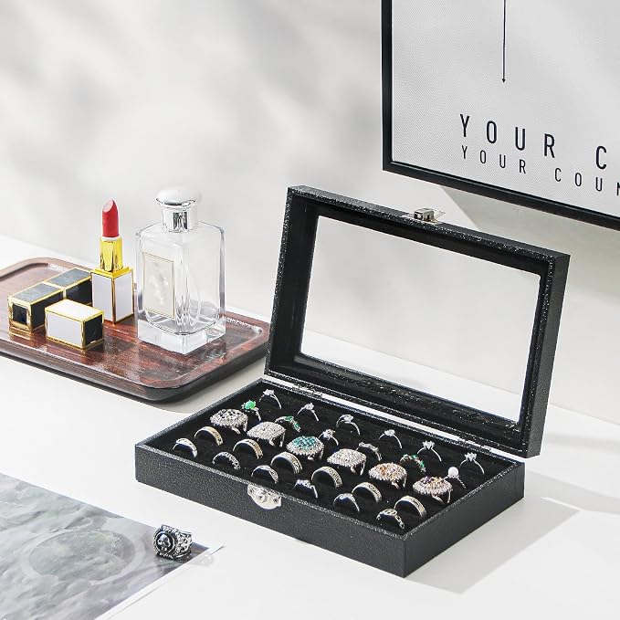 Ring Organizer Box for Jewelry,Rings Cufflinks Storage Case,Small Jewelry Box for Travel, Pretty Gifts for Girls,Black (30 Slots)