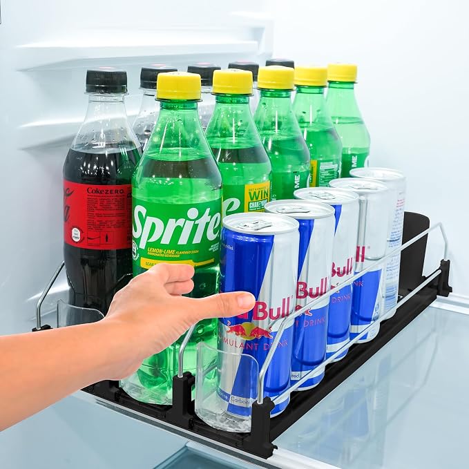 Drink Fridge Organizer, Upgraded Design of Soda Organizer for Refrigerator with Larger Stopper Height. Width Adjustable Automatic Drink Dispenser with Lock Hold 15 Cans (3 Rows, Black)