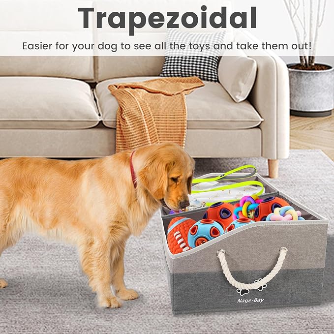 Large Dog Toy Basket with Handle, Foldable Dog Toy Box for Living Room Area , 28.5" Basket for Dog's Supplies, Organizer and Storage with Hard Board, Anti-Slip for Pet Toys (Gray, Large 28.5"×15")