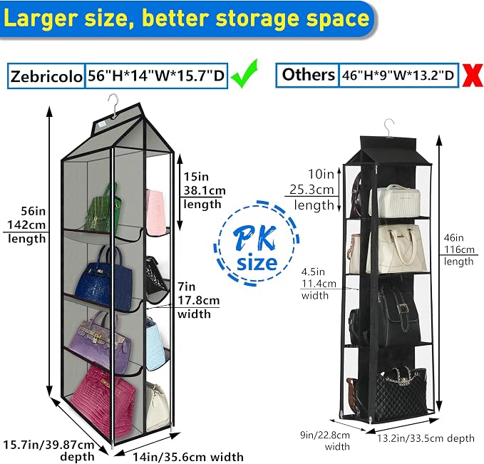 Purse Organizer for Closet, with Zippered-Dustproof, Purse Organizer, Designed for Oversized Wallets & Holds 8-16 Purses, organizador de carteras de Mujer,Grey-Purse Hanger Closet