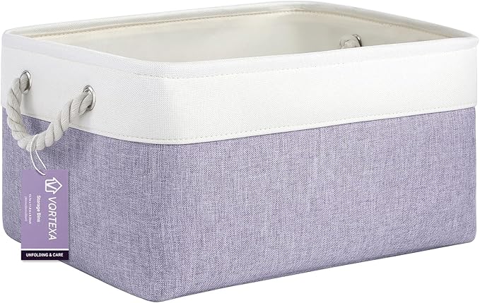 Large Storage Baskets- 15.7x11.8x8.26 inch Storage Bins for Shelves and Closet Organizing, Foldable Fabric Bin for Home Organization Clothes and Laundry (1-Pack, White&Purple)