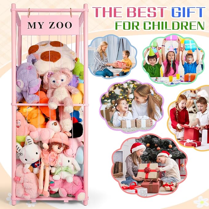 GLDZI Stuffed Animal Storage Zoo, Wooden Stuffed Animal Organizer with Elastic Cords for Boys Girls, Space Saving Toy Plushies Storage Holder for Playroom, Bedroom, Living Room (Pink, Large)