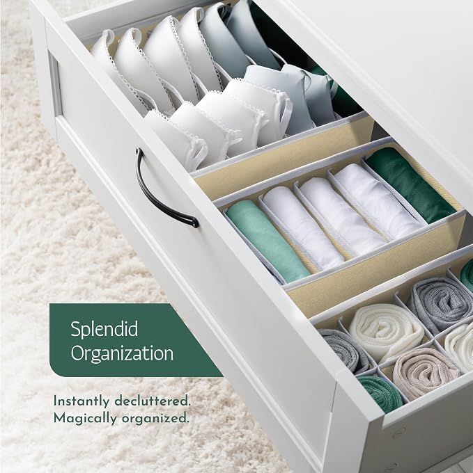 Dresser Organizer, [8 Pk] Beige Fabric Dresser Drawer Organizers (4 Sizes With 90 Slots) Foldable Underwear Drawer Organizer Breathable Bins for Bra, Lingerie, Socks, Scarves, Belt, Tie, Baby Clothes