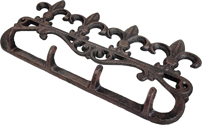 Lulu Decor, Cast Iron Fleur De Lis Key Hook Wall Mount Decorative Hanger Unique, Rustic and Strong (4 Hooks)