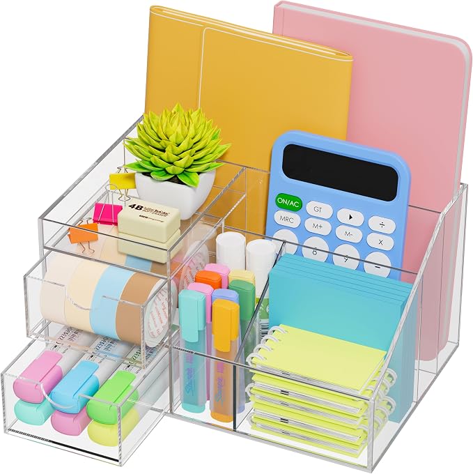 VITVITI Acrylic Desk Organizer, Clear Pencil Organizer for Desk, Multifunctional Desktop Stationary Pen Organizer, 8 Compartment Storage with Drawer, for Office/A4 Paper/Art Supply