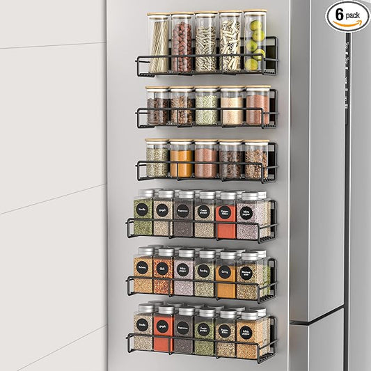 HuggieGems 6 Pack Magnetic Spice Rack Organizer for Refrigerator and Microwave Oven, Metal Fridge Shelf for Kitchen, Matt Black