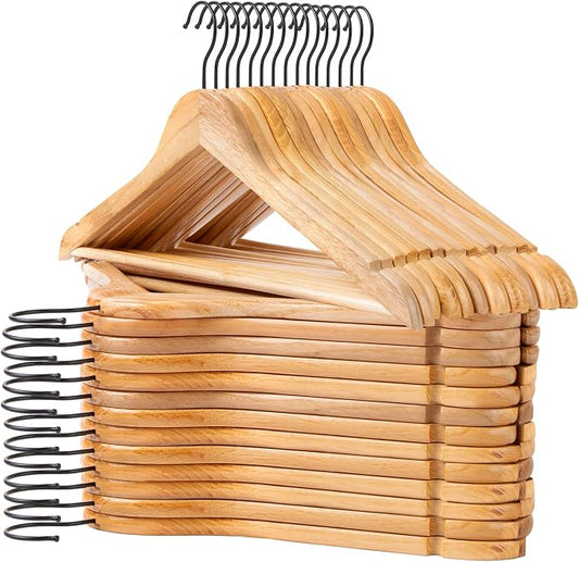 JS HANGER Wooden Hangers 30 Pack, Natural Wood Suit Hangers with Non Slip Shoulder Grooves, Clothes Hangers for Coats, Shirts, Jackets, Pants, Suits
