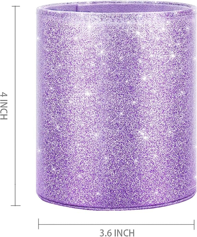 Pen Holder for Women Girls, Pencil Cup Desk Glitter Sturdy Makeup Brush Holder Large Pu Leather Luxury Multi-Functional Organizer Cup for Office, Classroom, Home, Purple