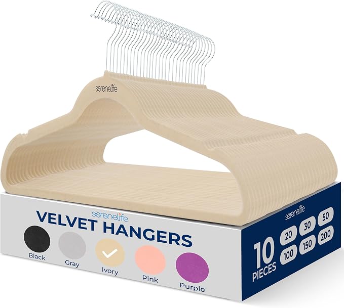SereneLife Velvet Hangers – 10 Pack, Slim & Space Saving for Closets | Soft velvet grip prevents slipping on silk, satin & knitwear – 360° swivel hook fits all standard closet rods