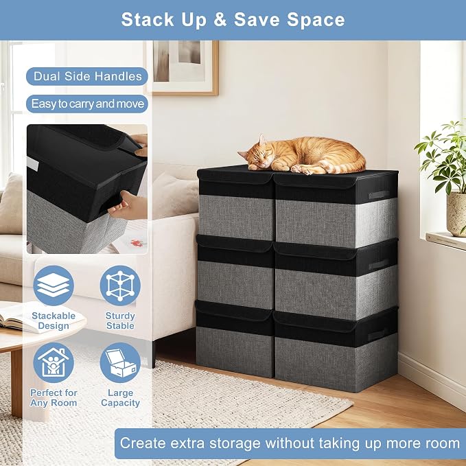 Bagnizer Large 22 Quart Linen Fabric Foldable Storage Bin Cube Organizer Basket with Flip-Top Lid & Handles, Clothes Blanket Box for Home, Office, Closet, Black & Gray, 4 Pack 14.6 x 9.5 x 9.5