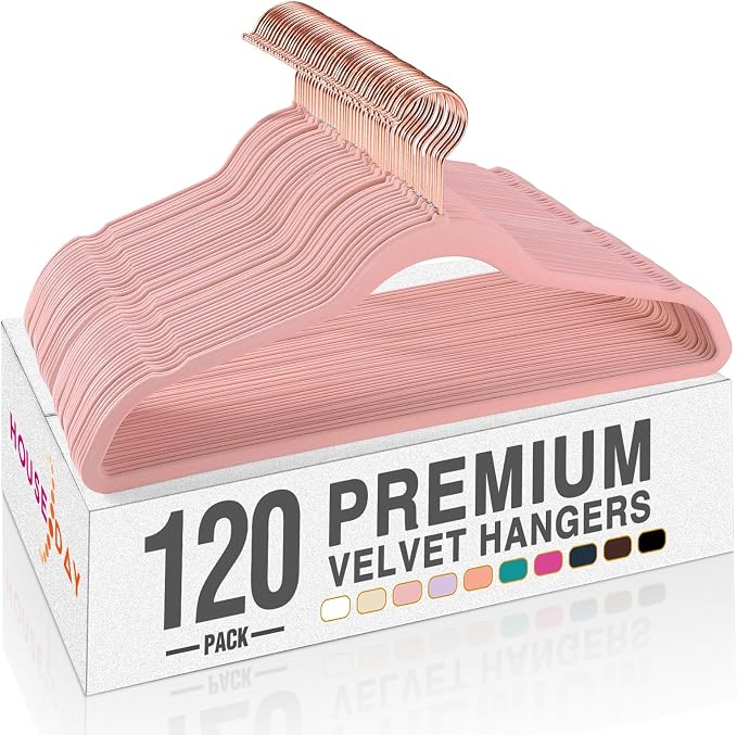 HOUSE DAY Pink Velvet Hangers 120 Pack, Premium Clothes Hangers Non-Slip Felt Hangers, Sturdy Black Hangers Heavy Duty Coat Hangers, Durable Suit Hangers, Space Saving No Hanger Mark Rotating Hook