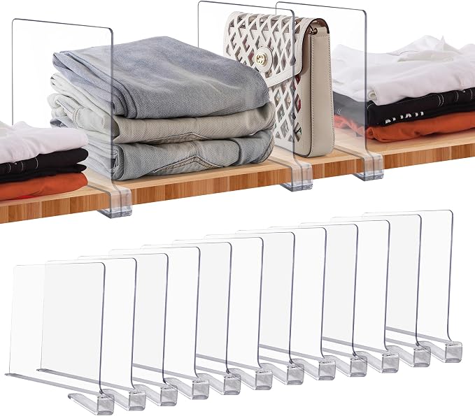 Clear Acrylic Shelf Dividers for Closets Organizer & Storage,12 Pack | Adjustable Vertical Wood Shelf Closet Separators, Keep Clean, for Clothes,Book,Bags, in Bedroom and Kitchen