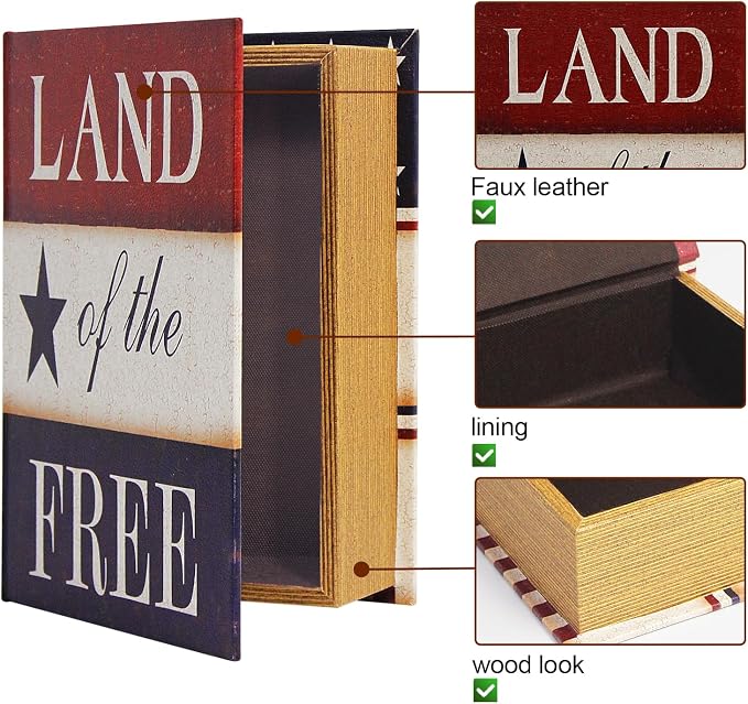PACOLO Decorative Book Boxes, Faux Wood cover Storage for Hidden Jewelry, Money, and Cash (Land of the Free)