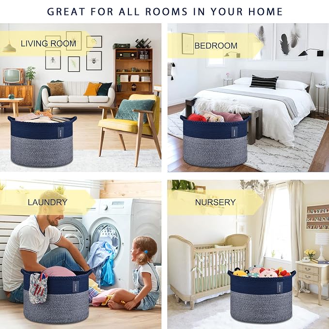 COMSE Extra Large Blanket Basket, Woven Laundry Basket, 21.7”x 13.8”, Nursery Hamper, Cotton Rope Laundry Hamper Living Room for Storage Toys Clothes Towels (Navy Blue)