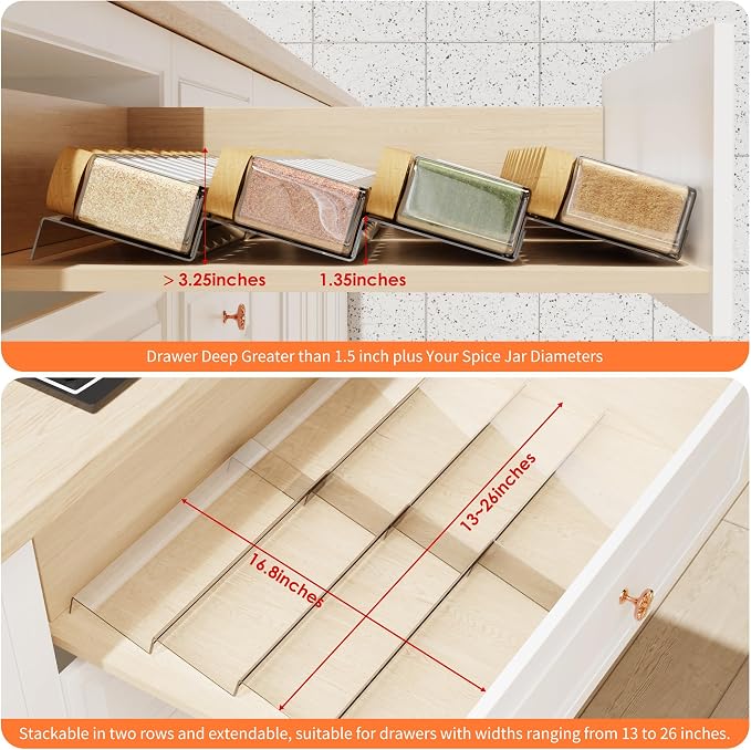 Jadehom Spice Drawer Organizer, 4 Tier Clear Acrylic Expandable From 13" to 26" Seasoning Jars Drawer Insert, Kitchen Drawer Spice Rack Tray for Cabinet/Countertop