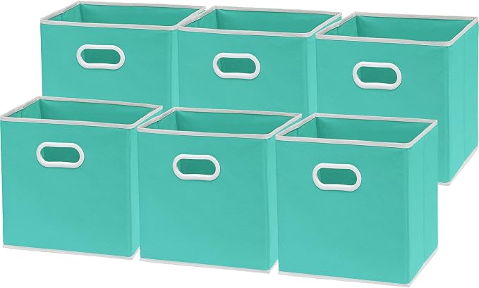 Simple Houseware Foldable Cube Storage Bins with Handles, 11-Inch, Turquoise, 6-Pack, Fabric Cubes Organizer for Closet or Shelves