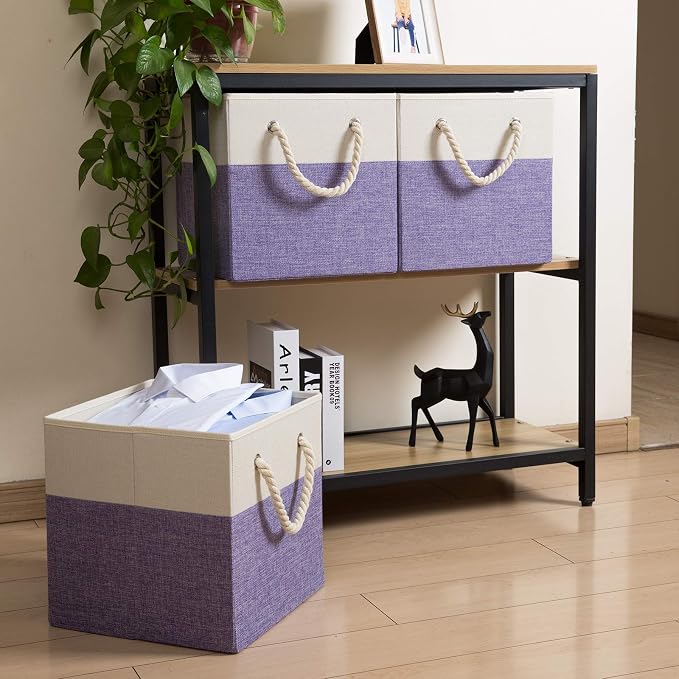 PRANDOM Large Foldable Cube Storage Bins 11x11 inch [4-Pack] Fabric Linen Storage Baskets Cubes Drawer with Cotton Handles Organizer for Shelves Closet Bedroom Purple