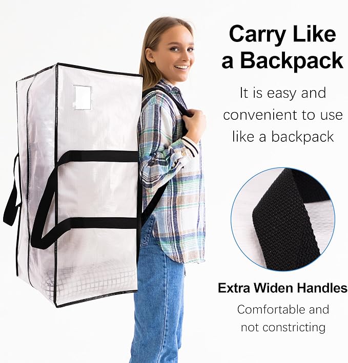 6 Pack Heavy Duty Extra Large Moving Bags W/Backpack Straps - Strong Handles & Zippers, Storage Totes For Space Saving, Fold Flat, Alternative to Box and Bin (40 gal, Semi-Transparent+Blue+Black)
