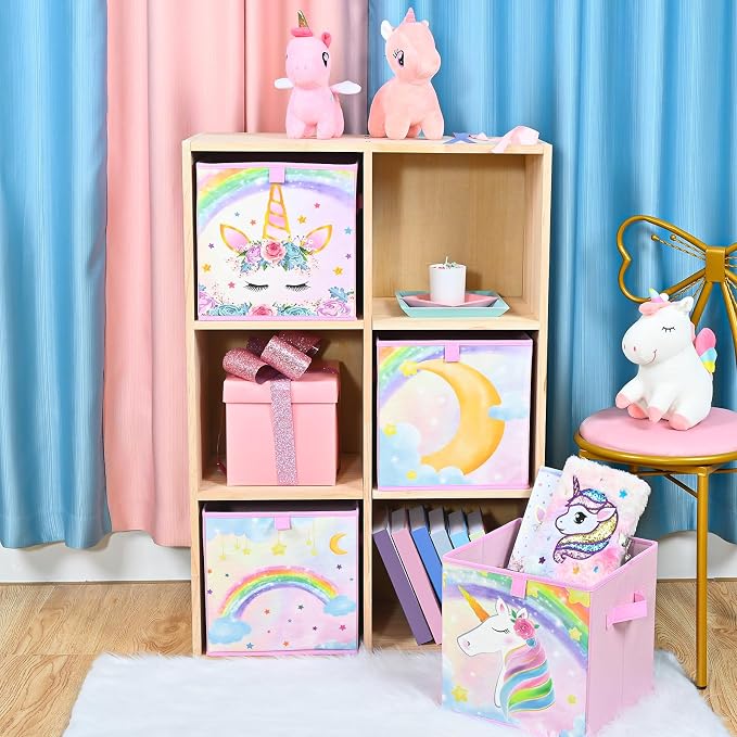 WERNNSAI Cube Storage Bins - 4 Pack Fabric Foldable Storage Cube Organizer for Kids Decorative Storage Baskets with Handles 11" x 11" Home Closet Nursery Room Bedroom (Unicorn)