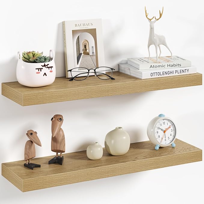 Vivelove 24 Inch Floating Shelves Wall Mounted for Display, 6.5 Deep Duty Shelves with Invisible Brackets for Living Room,Bedroom,Kitchen, Bathroom Storage & Decor,24" Wx6.5 Dx1.4 H - Oak