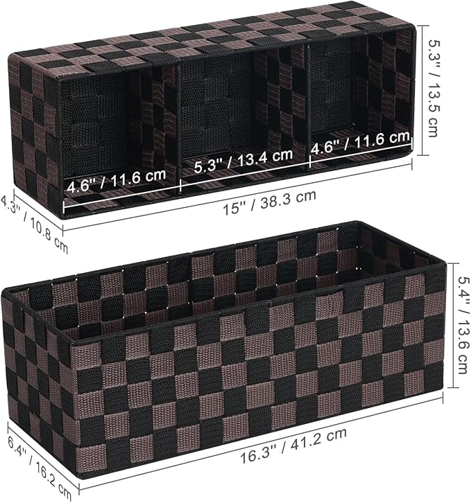 Woven Storage Baskets Bins Container for Organizing, 16” Checker Pattern Ribbon Metal Wire Desk Organizer, Drawer Dresser Baskets, Countertop Toilet Paper Storage (Black & Brown), 2-Pack
