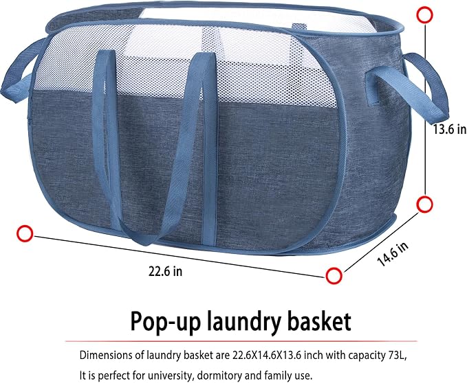 MOOMASS Pop-Up Laundry Basket，collapsible Mesh Laundry Hamper– With Extended Shoulder Straps, Sturdy Handles, and Premium Cationic Fabric (blue)…