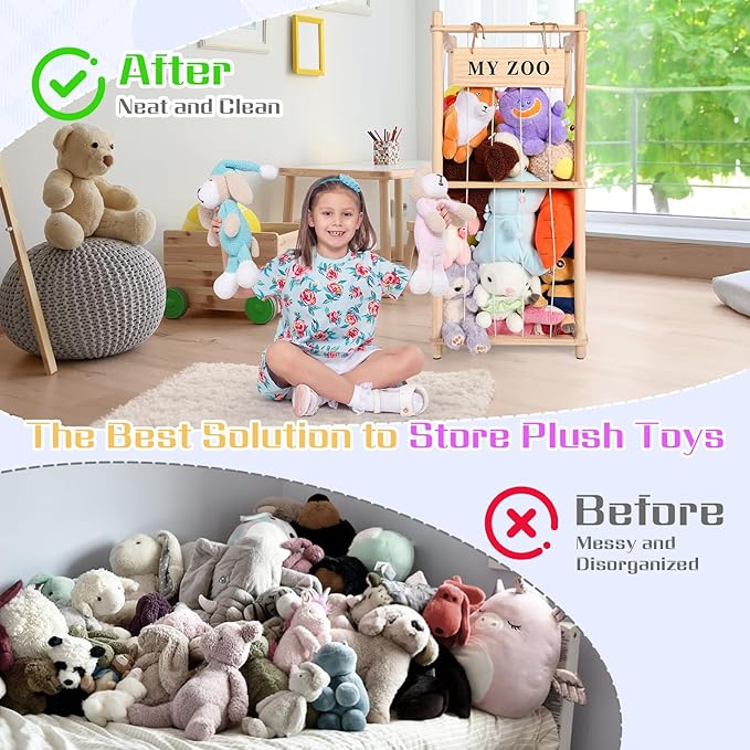 GLDZI Stuffed Animal Storage Zoo, Wooden Stuffed Animal Organizer with Elastic Cords for Boys Girls, Space Saving Toy Plushies Storage Holder for Playroom, Bedroom, Living Room (Burlywood, Small)