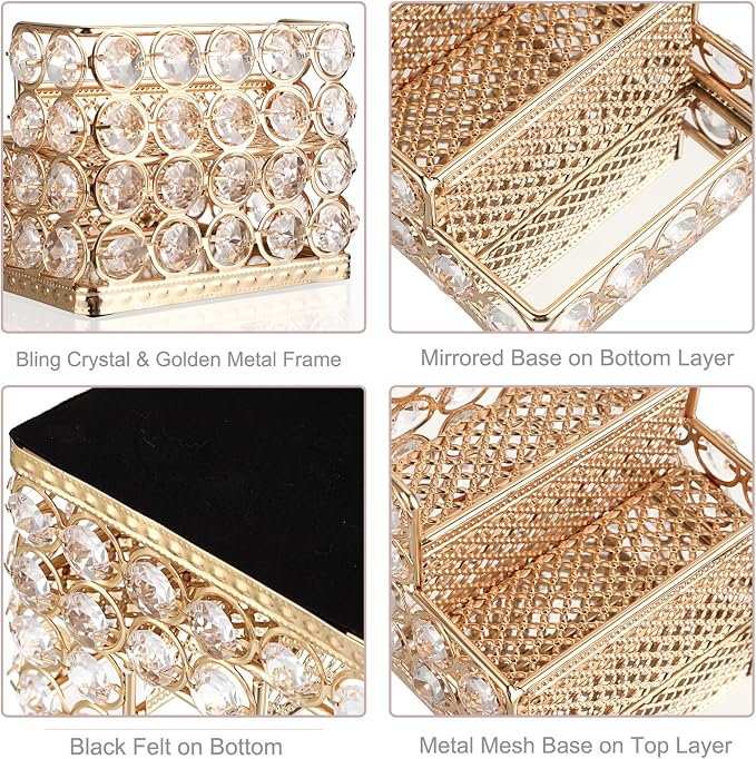Hipiwe Crystal Business Card Holder - 3 Tiers Gold Mirrored Name Card Display Stand Desktop Business Card Storage Organizer for Office Desk, Holds 120 Business Cards