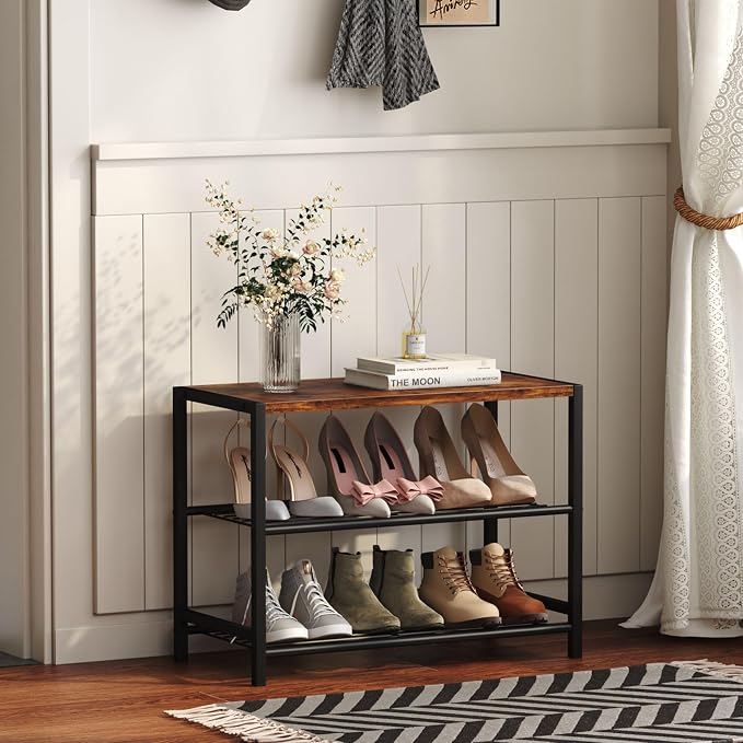 Yusong Shoe Rack Organizer, 3 Tier Industrial Shoe Storage Shelf for Closet Entryway, Narrow Sturdy Metal Shoe Shelves, Rustic Brown