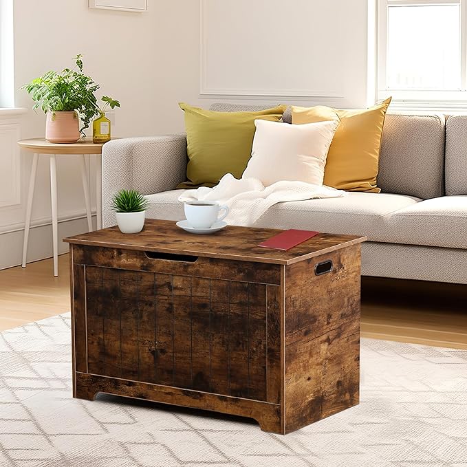 LEMY Storage Chest Bench, Wooden Trunk Box with 2 Safety Hinges, Modern Organizer Cabinet for Living Room, Bedroom, Entryway, Rustic Brown
