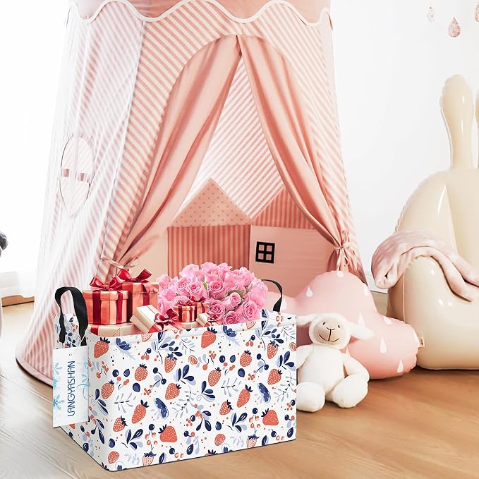 Rectangular Collapsible Strawberry Storage Basket Nursery Toy Organizer | Storage Bin Foldable Canvas with Handles for Organizing Home Kitchen Children Toys Office Closet Shelf Baskets