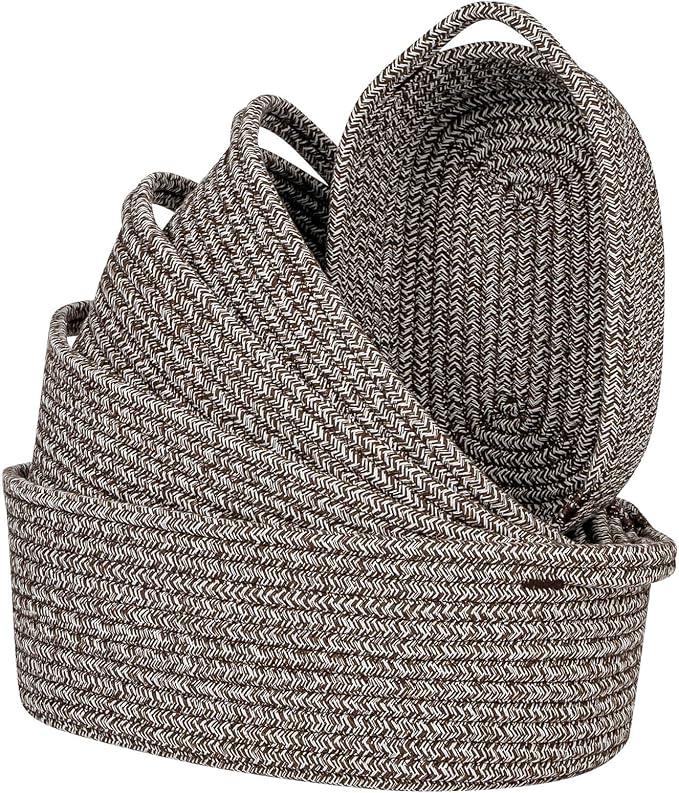 CubesLand Small Storage Basket Cotton Rope Organizer Baskets for Shelves | Set of 5 Decorative Closet Storage Bins with Handle for Countertop, Toilet Paper Basket for Toilet Tank Top, Mixed Brown