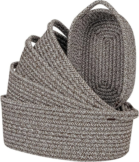 CubesLand Small Storage Basket Cotton Rope Organizer Baskets for Shelves | Set of 5 Decorative Closet Storage Bins with Handle for Countertop, Toilet Paper Basket for Toilet Tank Top, Mixed Brown