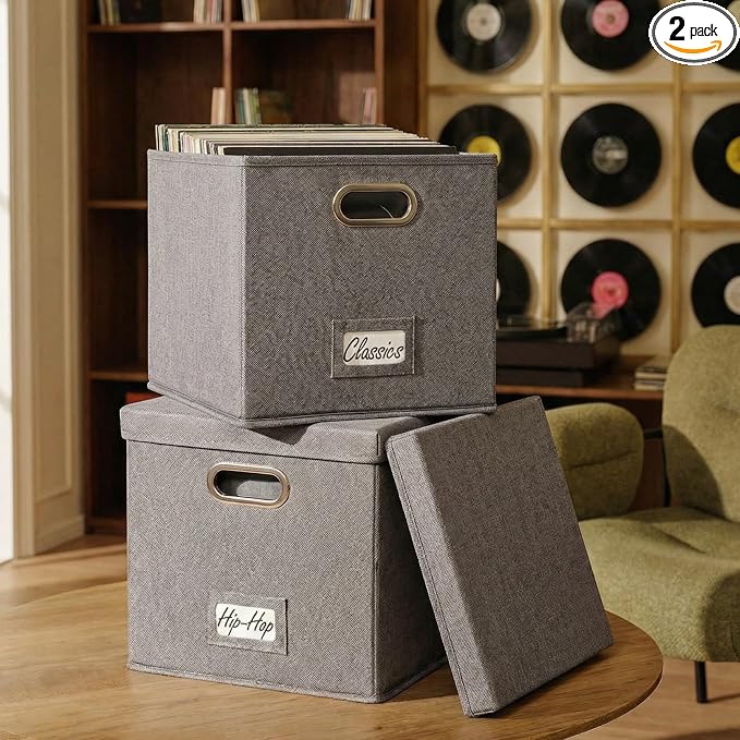 ZICOTO Decorative Vinyl Record Storage Box for 50+ Single Records - Sturdy and Easy to Carry LP Holder with Lid - The Perfect Storage Crate for Your Valuable Album Collection