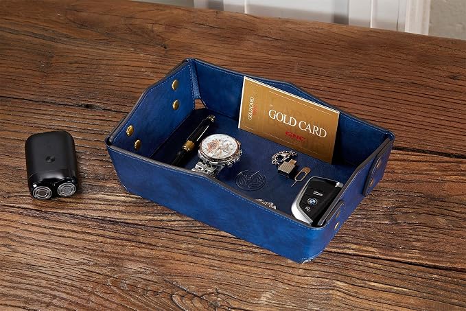 Leather Bedside Storage Tray - Jewelry Organizer for Girl's Key, Wallet, Coin Box - Travel PU Valet Tray (Dark Blue)