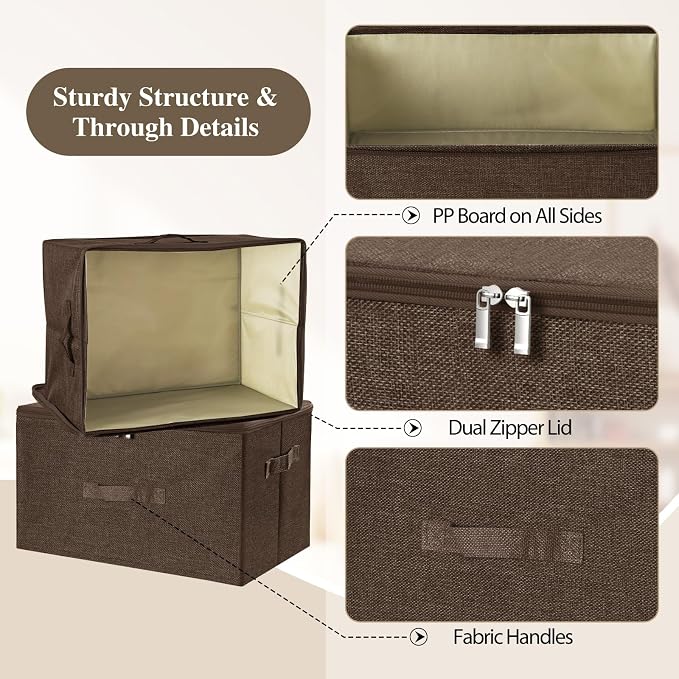 ANMINY 3PCS Storage Bins with Zipper Lids 13 Qt Lidded Fabric Storage Boxes Baskets Cubes with Handles Collapsible Washable Cotton Linen Closet Shelf Clothes Organizer Containers - Coffee, Small