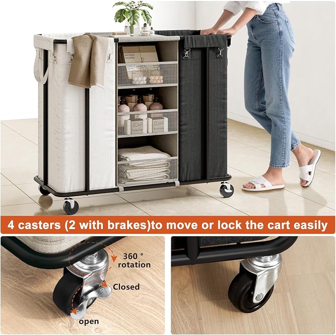 WOWLIVE Laundry Sorter 2 Section, 200L Rolling Laundry Hamper with Wheels | Laundry Cart with Steel Frame, Laundry Basket with Hanging and Removable Bag, Storage Unit Basket Organizer for Dorm