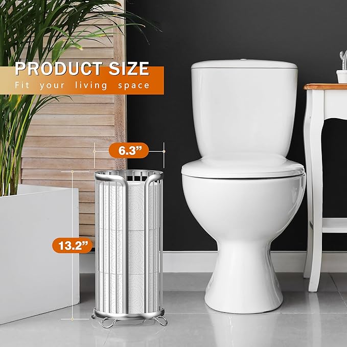 Toilet Paper Holder Stand, Freestanding Toilet Paper Storage,Silver | Waterproof Raised Feet,Rustproof,Fit 3 Mega Rolls,No Drilling No Assemble,Minimalistic Storage,Space-saving Renter Friendly