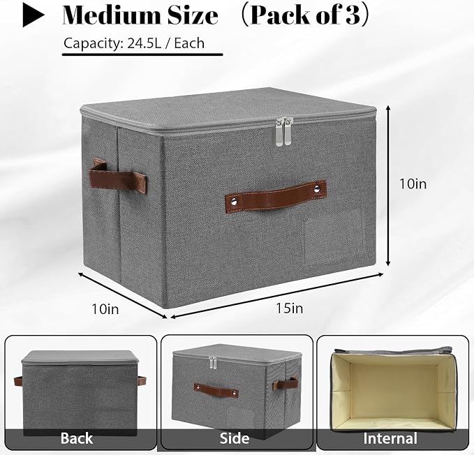 ANMINY 3PCS Storage Bins with Zipper Lid Storage Boxes with Label Holder PU Leather Handles Washable Foldable Decorative Lidded Cotton Linen Fabric Cubes Baskets Closet Organizer - Gray, Medium