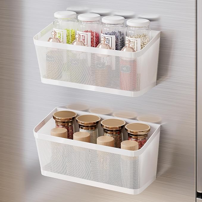 2Pcs Magnetic Spice Rack for Fridge Magnet Hanging Basket Holder for Seasonings Fruit Vegetables Coffee Beans Magnetic Organizer Shelf, Kitchen Refrigerator Organizers
