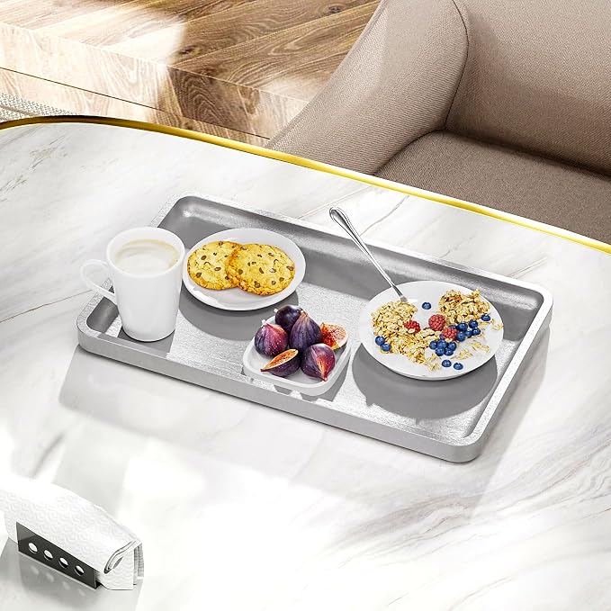 Weenson Bathroom Vanity Tray for Countertop Decor Perfume Makeup Toiletries Toilet Tank, Large Bamboo Kitchen Tray for Spice Salt, Serving Tray for Food Coffee, Nightstand Candle Silver 14.2”x8.3”