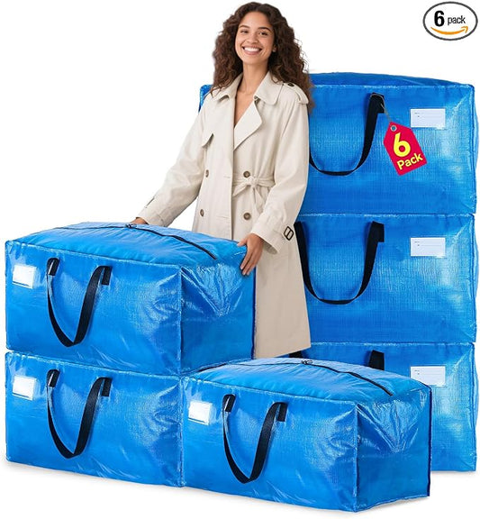 Moving Bags Heavy Duty,Extra Large Moving Bags for Travel/College Packing/Storage/Organization/Seasonal Clothes & Bedding Storage,Moving Supplies Bins,Compatible with Ikea Frakta Cart (Blue,6 Pack)