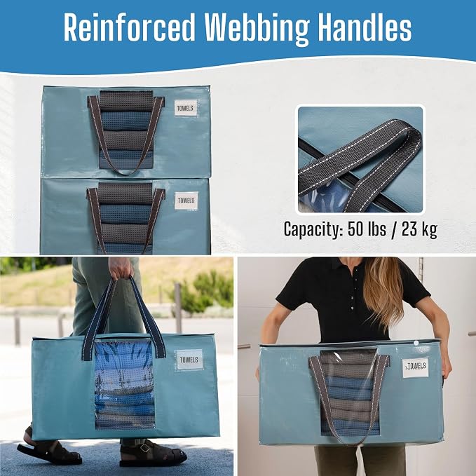 VENO 4 Pack Heavy Duty Moving Bags, Clothes and Comforter Storage Bags with Clear Window, College Dorm Essentials Packing Supplies, Foldable Boxes Alternative (Shiny Light Blue, 4 Pack)
