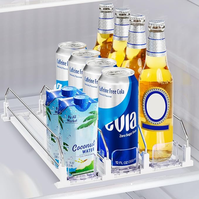 Drink Organizer for Mini Fridge, Automatic Pusher Drink Dispenser for Refrigerator, Soda Can Organizer for Beer Beverage Holds up to 12 Cans 3 Row (Depth 12.2" x Wide 9.9") White