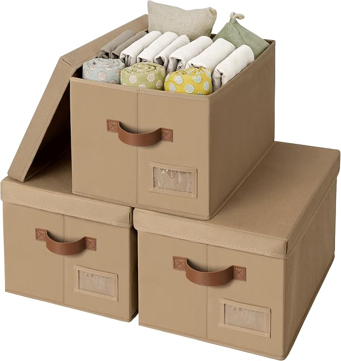 GRANNY SAYS Storage Bins with Lids, Storage Baskets for Linen Closet Shelves, Decorative Storage Boxes, Clothes Storage and Organization for Organizing, 3-Pack, Large, Brown