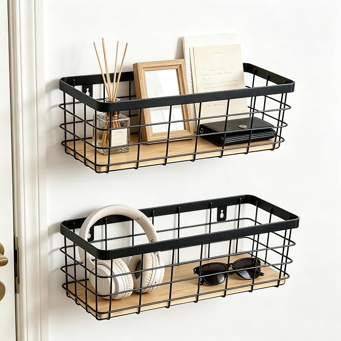 ShabbyDecor Metal Wire Basket for Kitchen Cabinets,Pantry,Bathroom,Set of 2 | Detachable Wood Base Metal Storage Organizer, Farmhouse Hanging Basket