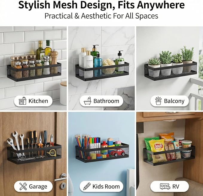 PUSDON Mesh Shower Caddy Wall Mount, Heavy Duty Adhesive Bathroom Shelf Organizer, Rustproof Floating Spice Rack for Kitchen Pantry, Holds 50 LBS, Multi-Purpose Storage Black-2 Packs (Netting)