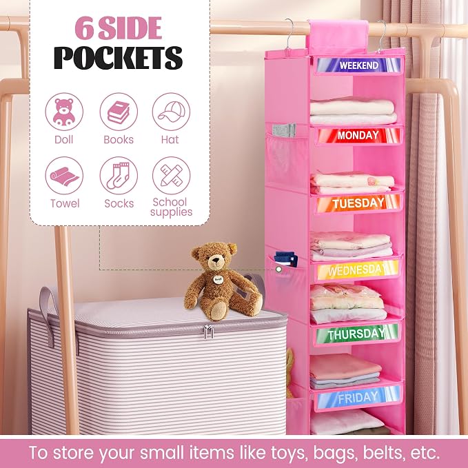6-Shelf Weekly Clothes Organizer for Kids, Hanging Daily Closet Organization with 6 Side Pockets, Days of The Week Clothing Divider Storage for Boys and Girls (Pink)